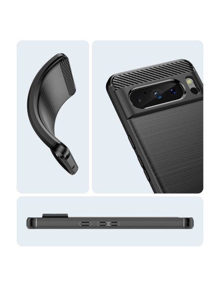 Google Pixel 8 Pro SlimCarbon-skal sett från sidan och ovan, med fokus på knappar och materialstruktur