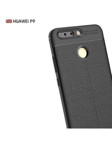Svart TPU-skal med lädermönster för Huawei P9 Lite, visat i detalj från sidan med knappar och kameraöppning