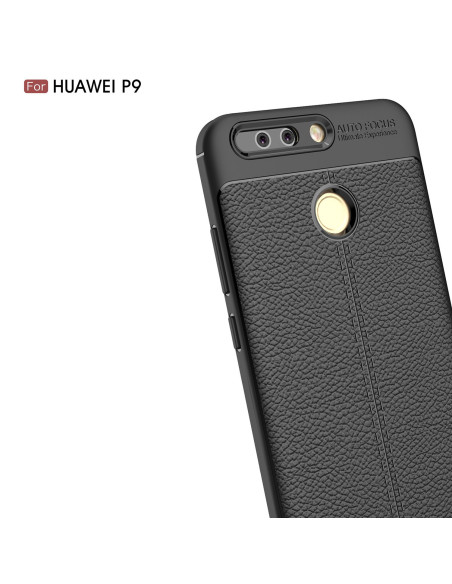 Svart TPU-skal med lädermönster för Huawei P9 Lite, visat i detalj från sidan med knappar och kameraöppning
