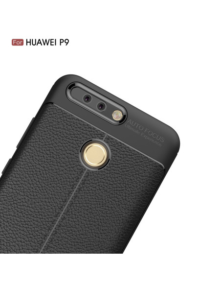 Svart stöttåligt skal med lädermönster för Huawei P9 Lite, visat bakifrån med kameraöppning och fingeravtryckssensor
