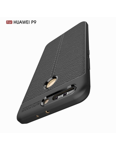 Svart stöttåligt skal för Huawei P9 Lite, visat snett bakifrån med fokus på kameraöppning och textur