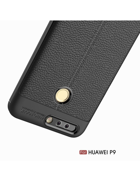 Svart lädermönstrat skal för Huawei P9 Lite, visat i detalj med fokus på knappen och texturen