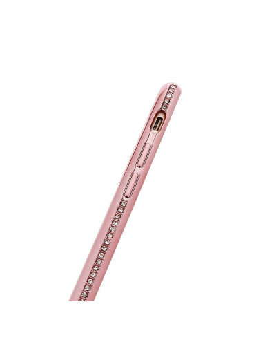 Närbild av iPhone 8 skal i transparent TPU med strass, sedd från sidan med fokus på kanten