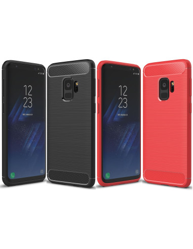 Samsung S9 med SlimCarbon-skal i svart, visat framifrån och från sidan