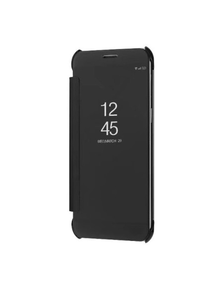 Samsung A8 2018 Flipfodral i svart med stängd vy och spegel effekt