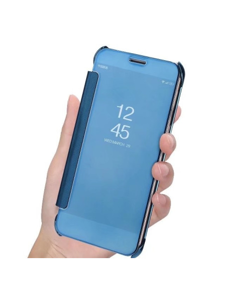 Samsung A8 2018 Flipfodral i blått, hålls i hand med spegel effekt synlig