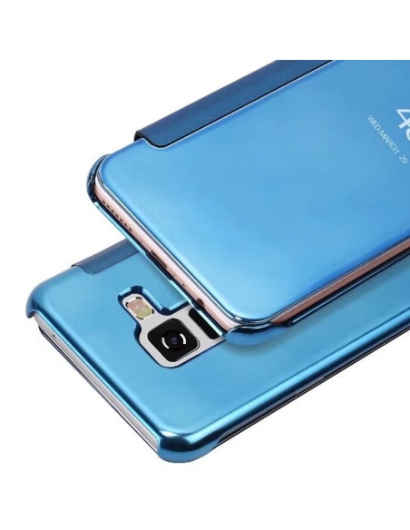 Samsung A8 2018 Flipfodral i blått med öppen vy som visar baksidan och kamerautskärning