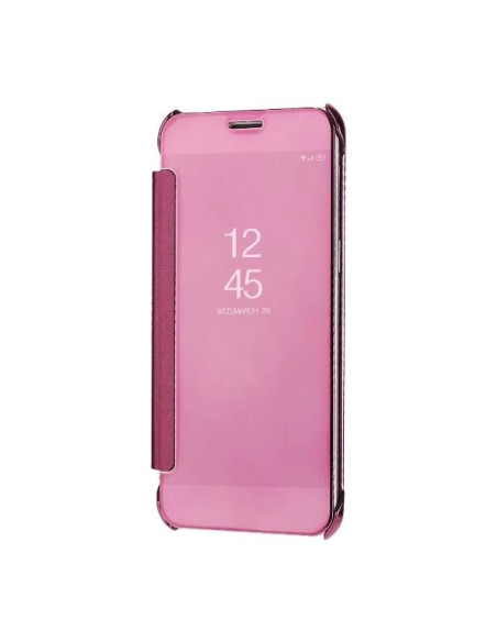 Samsung A8 2018 Flipfodral Clear View i stängd vy med spegel effekt i rosa