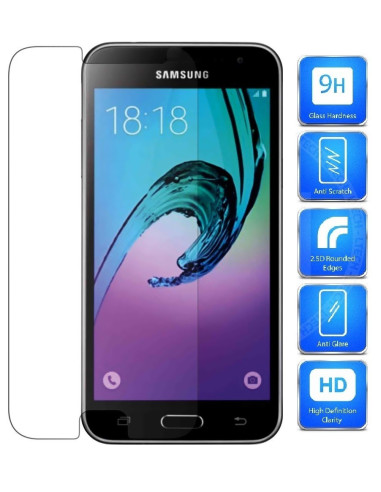 Härdat glas för Samsung J3 2016, monterat på telefon med rundade kanter