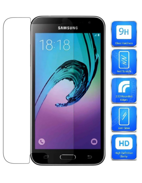 Härdat glas för Samsung J3 2016, monterat på telefon med rundade kanter