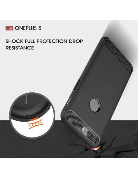 OnePlus 5T skal i svart med texturerad yta, visat i detaljvy med fokus på stötabsorption