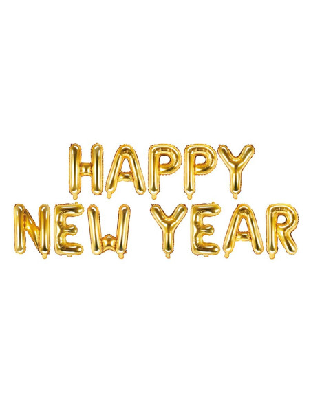 Folieballong med texten Happy New Year i guld, tydligt framifrån