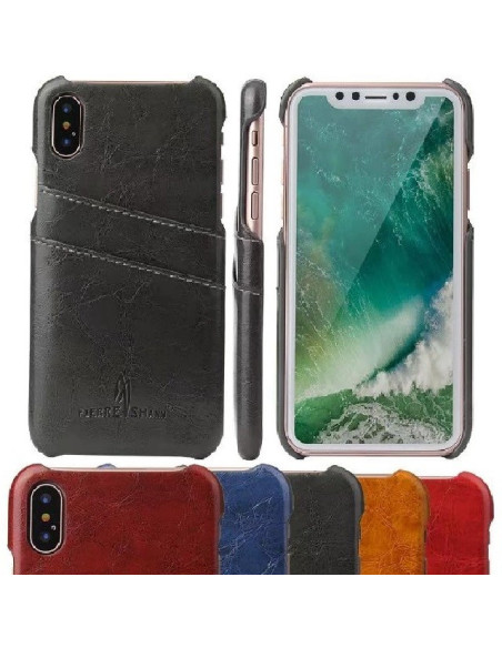 Svart iPhone X-skal med retrodesign och korthållare, sett framifrån