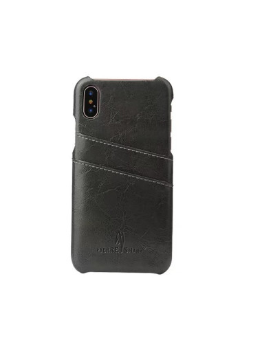 Svart iPhone X-skal med retrodesign och korthållare, sett bakifrån