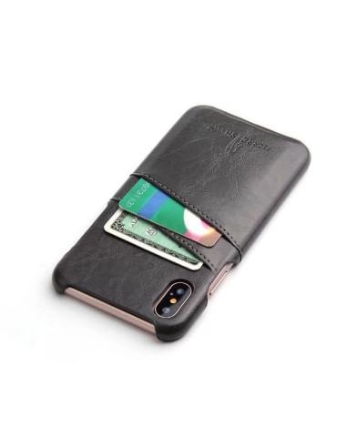 Svart iPhone X-skal med retrodesign, korthållare i fokus och kreditkort insatt