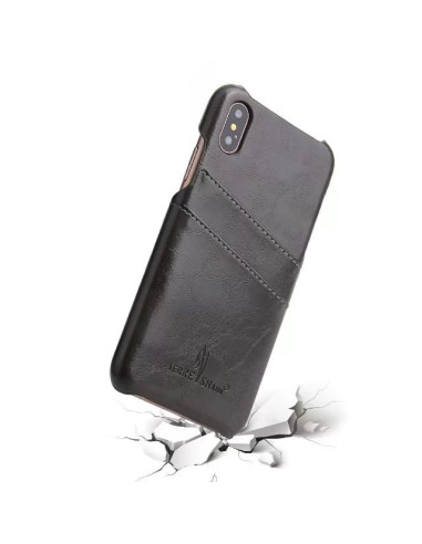 Svart iPhone X-skal med retrodesign, korthållare sedd från en vinkel