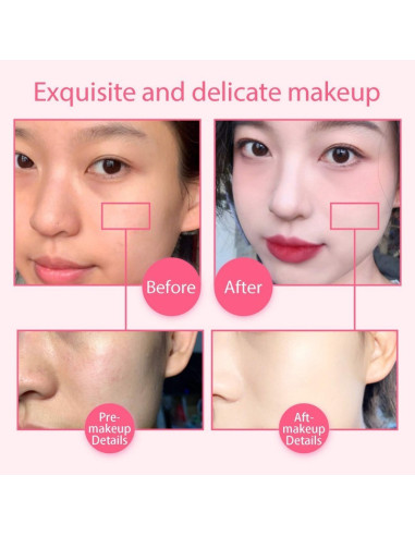 Puderpuff i användning för att applicera makeup, visar före- och efterresultat