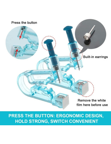 Detaljvy av två öronpiercingverktyg med ergonomisk design i transparent blå plast