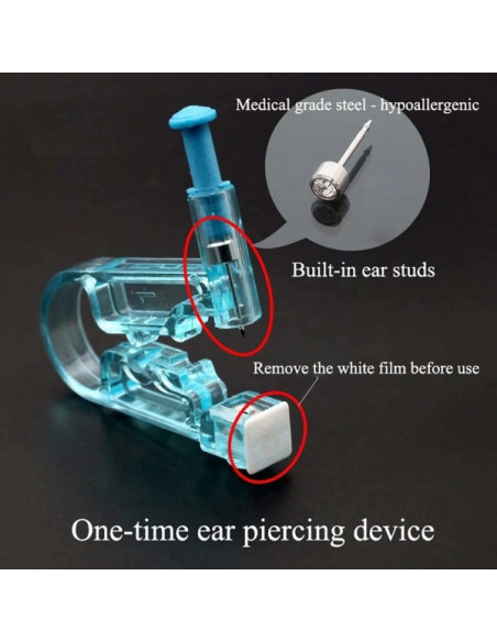 Öronpiercingverktyg i transparent blå plast med inbyggda öronstift och avtagbar skyddsfilm