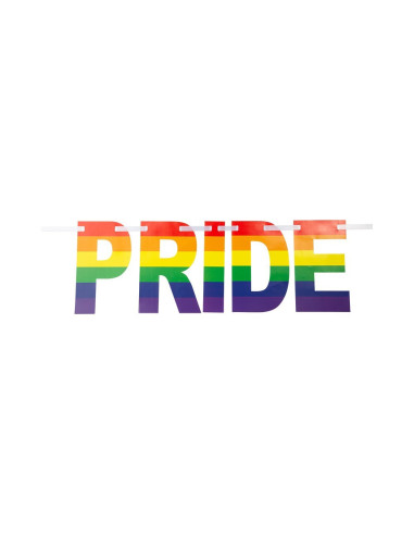 Färgglad Pride-banner med texten PRIDE i stora bokstäver