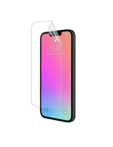 Närbild av iPhone 15 med ett transparent skärmskydd applicerat
