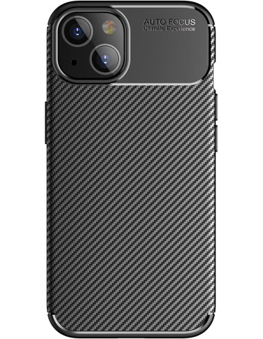 iPhone 15 skal i fullcarbon, sedd bakifrån med fokus på texturen