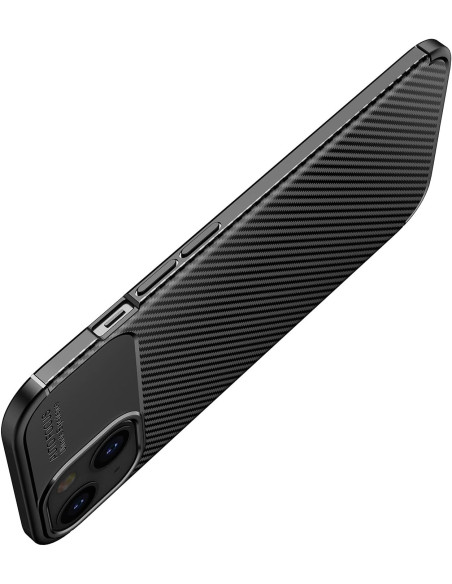 iPhone 15 FullCarbon V4-skal sedd från sidan med fokus på knappar och textur