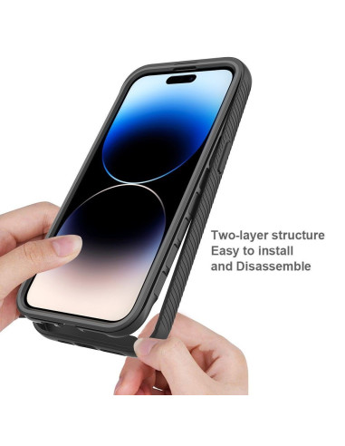 iPhone 14 Pro skal i svart TPU, monterat på telefon med tvålagerstruktur för enkel installation