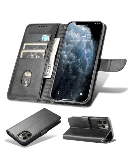 Plånboksfodral i konstskinn med fyra kortfack, öppet och monterat på iPhone 15