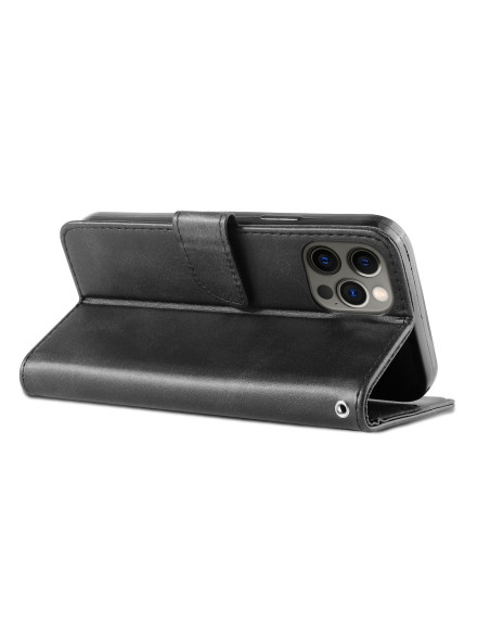 Svart plånboksfodral i konstskinn med öppet lock, monterat på iPhone 15