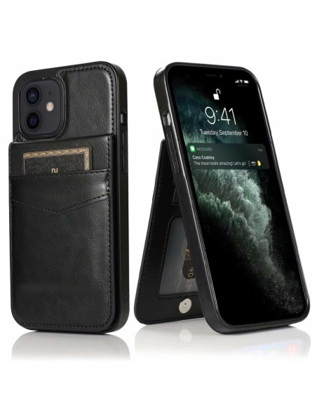 Svart iPhone 15 mobilskal med fem kortfack, visad från sidan med telefonen i skalet