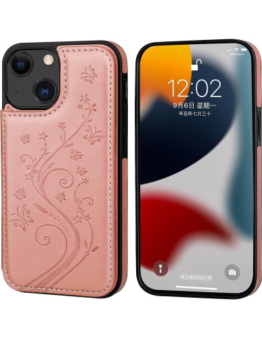 Svart och roseguld flip-skal för iPhone 13 Mini med blommönster och tre kortfack, sett framifrån