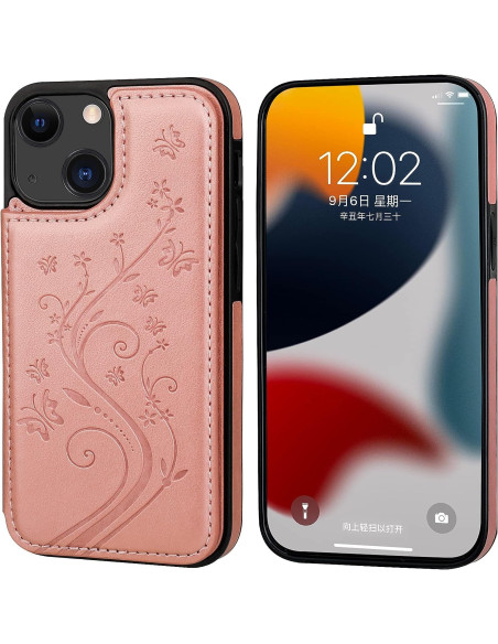 Svart och roseguld flip-skal för iPhone 13 Mini med blommönster och tre kortfack, sett framifrån