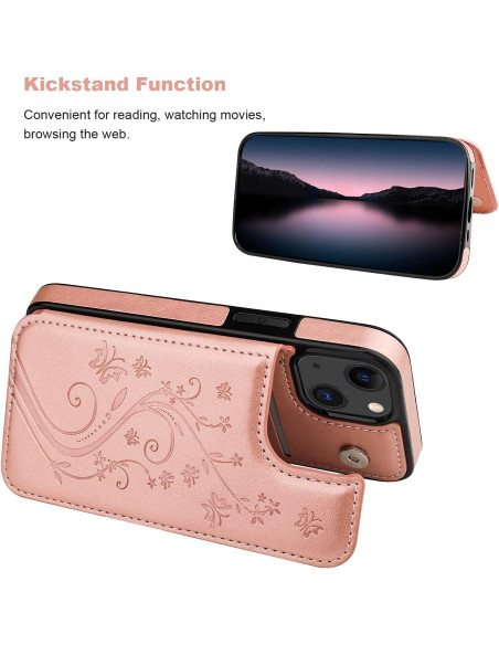 Svart och roseguld flip-skal för iPhone 13 Mini med vikfunktion, sett från sidan med telefon monterad