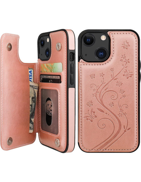 Stöttåligt skal för iPhone 14 Plus med korthållare och blommönster, öppet läge