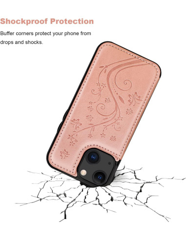 iPhone 14 Plus skal med korthållare, stängt läge med blommönster i rose guld