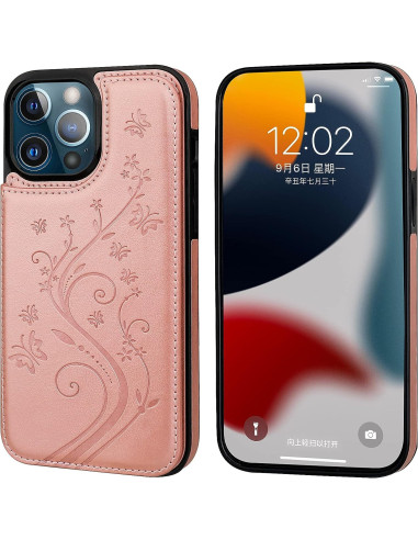 Svart och roseguld flip-skal för iPhone 14 Pro med tre kortfack, visad framifrån