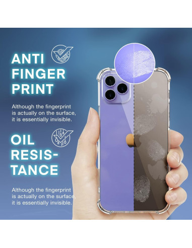 iPhone 14 Pro Max skal med förstärkta hörn, hålls i hand med fokus på anti-fingeravtryck och oljebeständighet