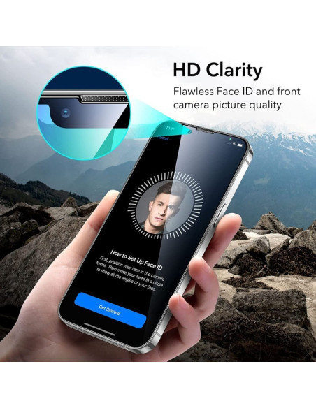 iPhone 14 Plus med härdat glas, visad framifrån med tydlig skärm och Face ID-funktion
