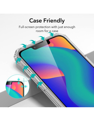 iPhone 14 Plus härdat glas med fokus på skärmens fullständiga skydd och utrymme för fodral