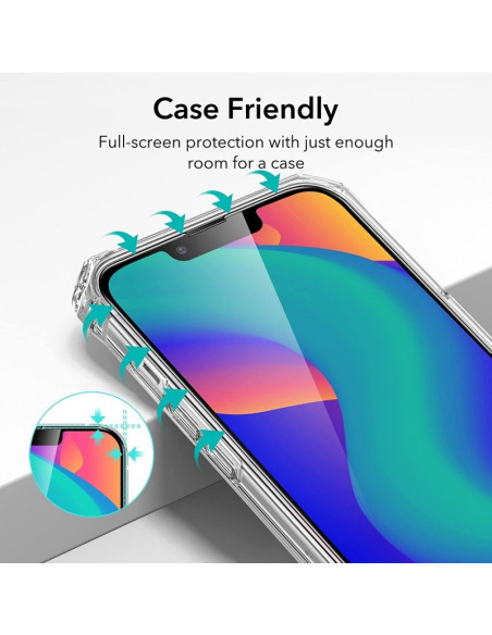 iPhone 14 Plus härdat glas med fokus på skärmens fullständiga skydd och utrymme för fodral