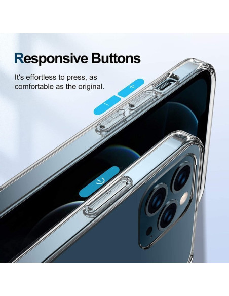Närbild av transparent iPhone 15 Pro-skal som visar responsiva knappar och design