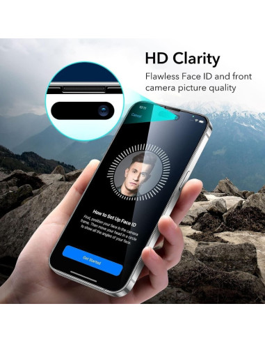 iPhone 14 Pro Max med härdat glas, visande Face ID-funktion och skärmens klarhet