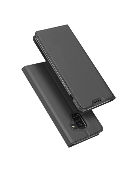 Svart flipfodral för Samsung A8 2018, öppet med telefonen synlig inuti