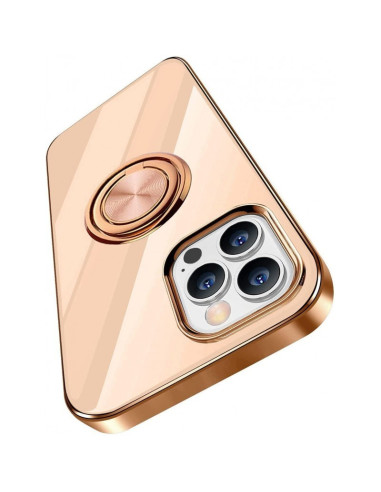 Elegant iPhone 15 Pro skal i guld med ringhållare, sedd från sidan