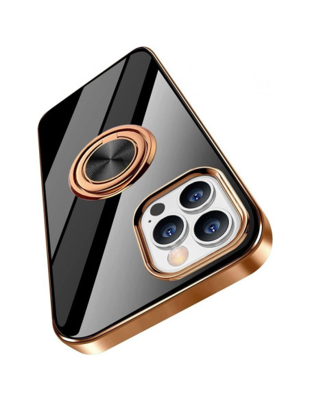 iPhone 15 Pro skal i svart med ringhållare, sedd snett bakifrån