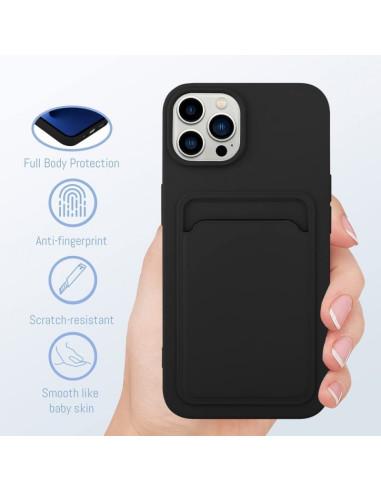 iPhone 15 Pro skal i svart TPU, hålls i hand med fokus på kortfacket