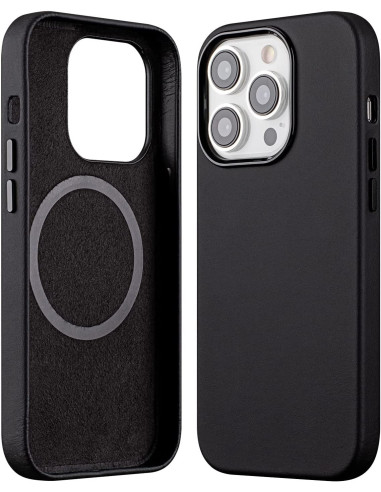 Mörkgrönt iPhone 15 Pro skal i veganläder, sett bakifrån med MagSafe-utsnitt