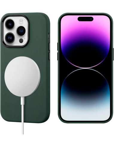 Mörkgrönt iPhone 15 Pro skal i veganläder med MagSafe, monterat på telefon med skärm avstängd