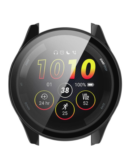 Framifrån vy av Garmin Forerunner 265s med heltäckande skal och skyddande glas